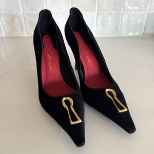 Schiaparelli Gold Keyhole Pumps Black Suede EU 39 Luxury Designer French Couture